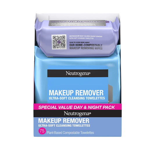 Neutrogena Day & Night Wipes Makeup Remover Face Cleansing Towelettes & Night Calming Facial Cloths 100% Plant Based Fibers Wipe Away Dirt Alcohol-Free 3 Packs of 25 ct 75 ct