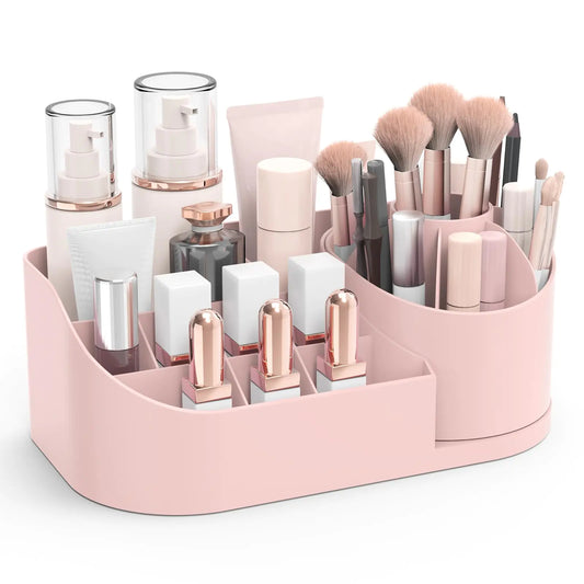 Rosoenvi Makeup Organizer 360° Rotating Makeup Case for Vanity with Makeup Brush Holder Cosmetic Organizer Large Capacity Cosmetic Display Case for Countertop Organization Pink